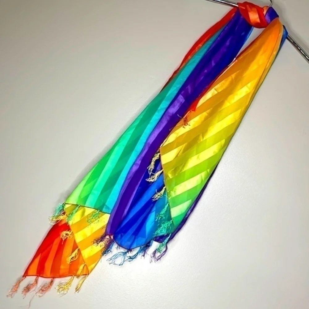 RAINBOW 🌈 SCARF | RAINBOW STRIPED SHEEN AND SHEER SCARF WITH FRINGE, 40”X60”